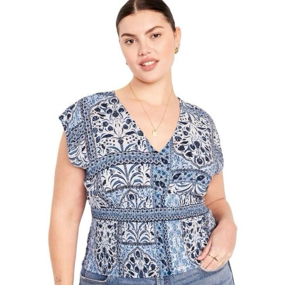 Old Navy XXL Waist Defined Smocked V-Neck Top Blue Patchwork Dolman Sleeves NWT - Picture 1 of 9